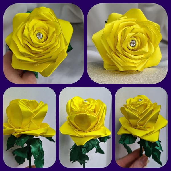 Gorgeous Handmade Yellow Ribbon Rose - Long Stem Artificial Forever Flower Gift.