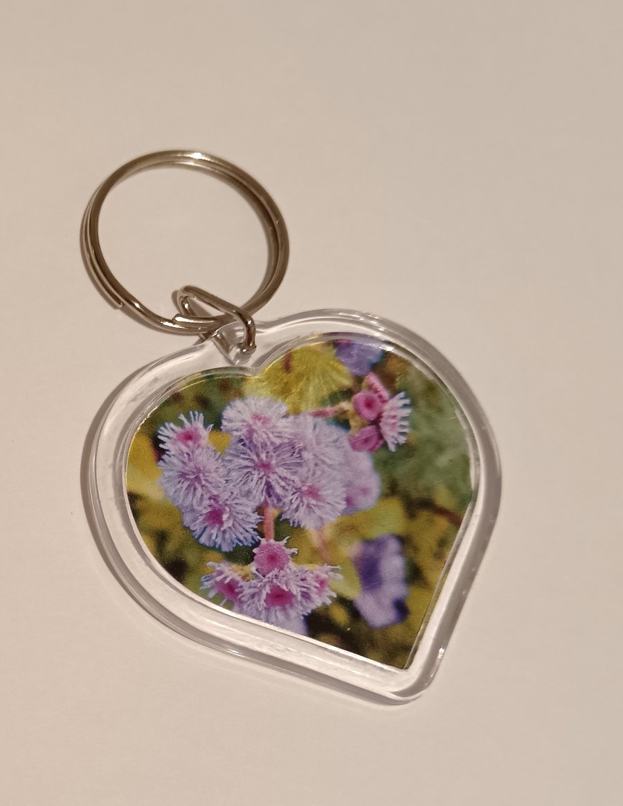 Ageratum houstonianum Purple Flower Photography Heart Shaped Keyring 