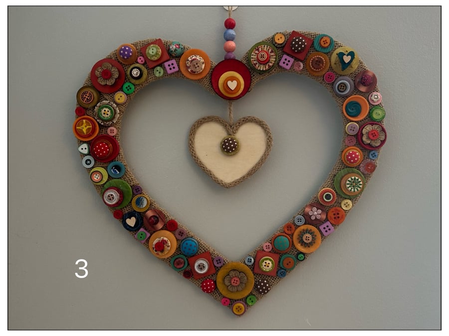 Handmade Button & Hessian Heart Wreath - Unique Wall Decoration