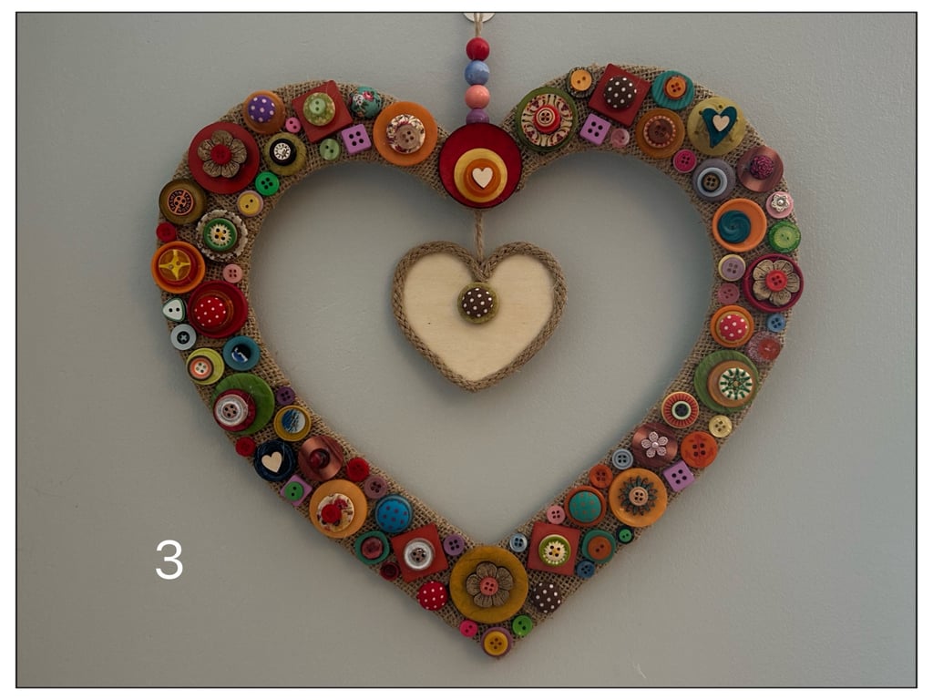 Handmade Button & Hessian Heart Wreath - Unique Wall Decoration