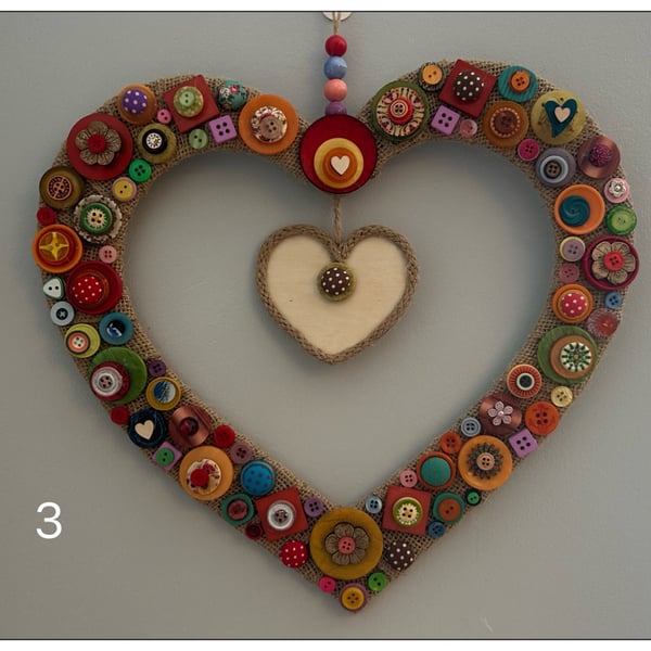 Handmade Button & Hessian Heart Wreath - Unique Wall Decoration