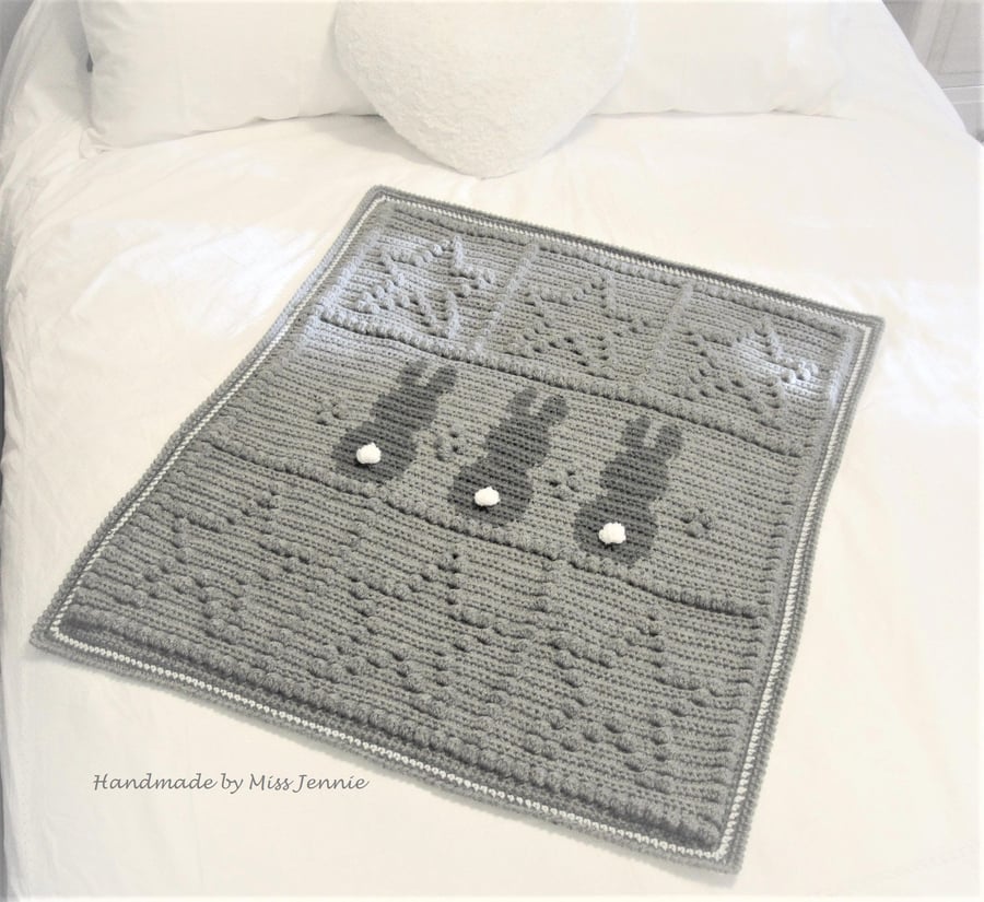 Crochet Bunny and Star Baby Blanket, Stroller Blanket, Car Seat Blanket.