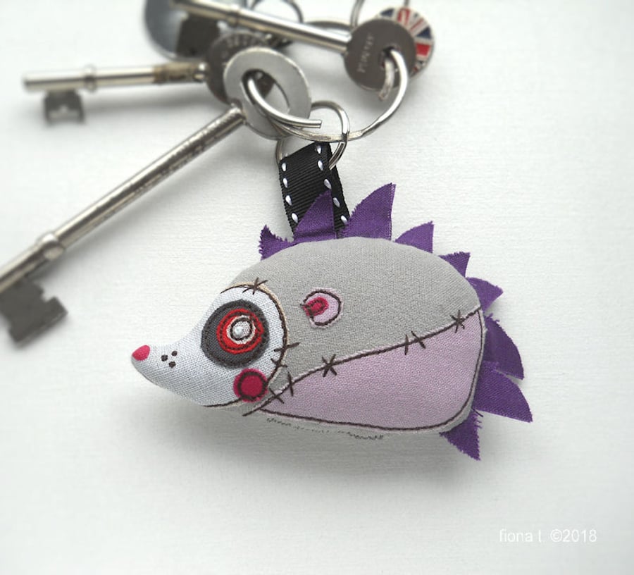 freehand embroidered fabric bagcharm keyring zombie hedgehog - purple
