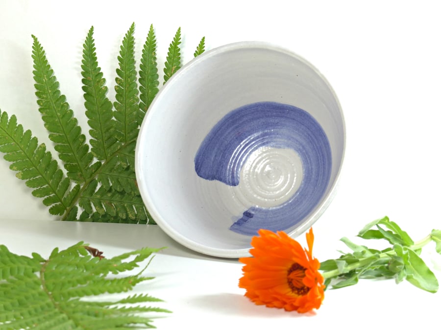 Blue Swirl and White Stoneware Bowl Pottery Ceramic Handmade