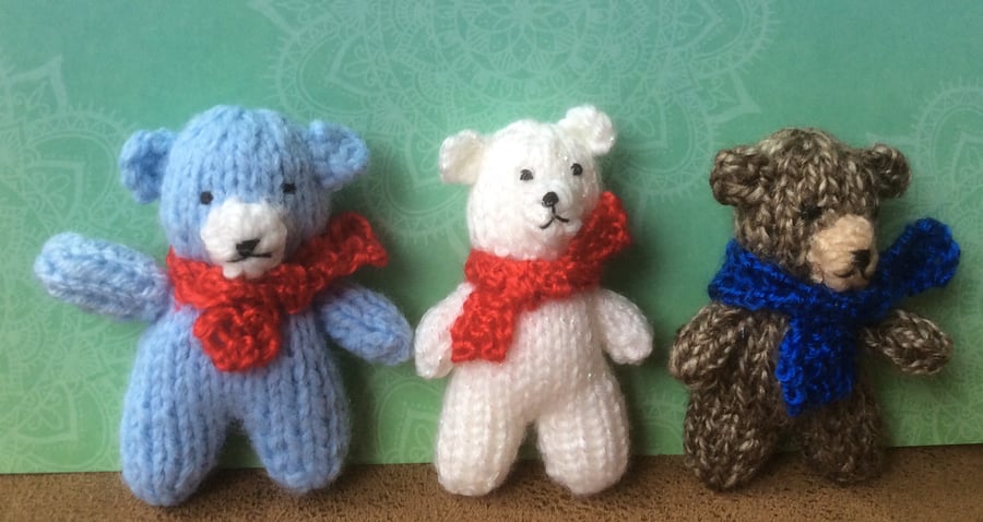 Three Knitted Pocket Teddy Bears