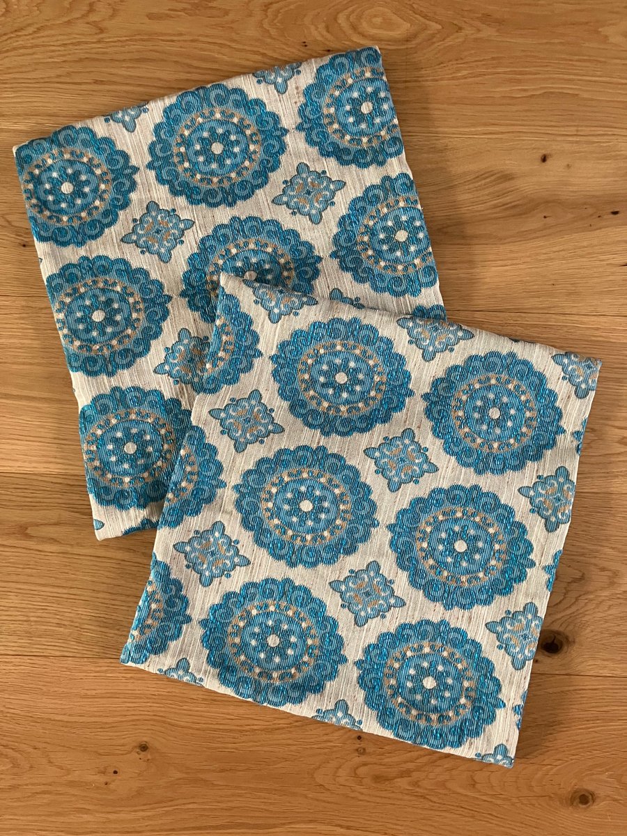 Two 45cm cushion covers made with vintage fabric - beige and blue