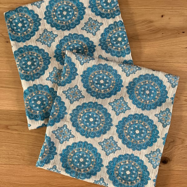 Two 45cm cushion covers made with vintage fabric - beige and blue