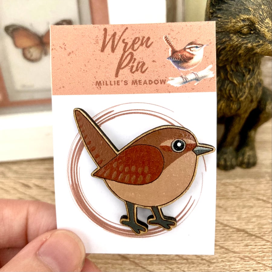 Wren pin badge brooch