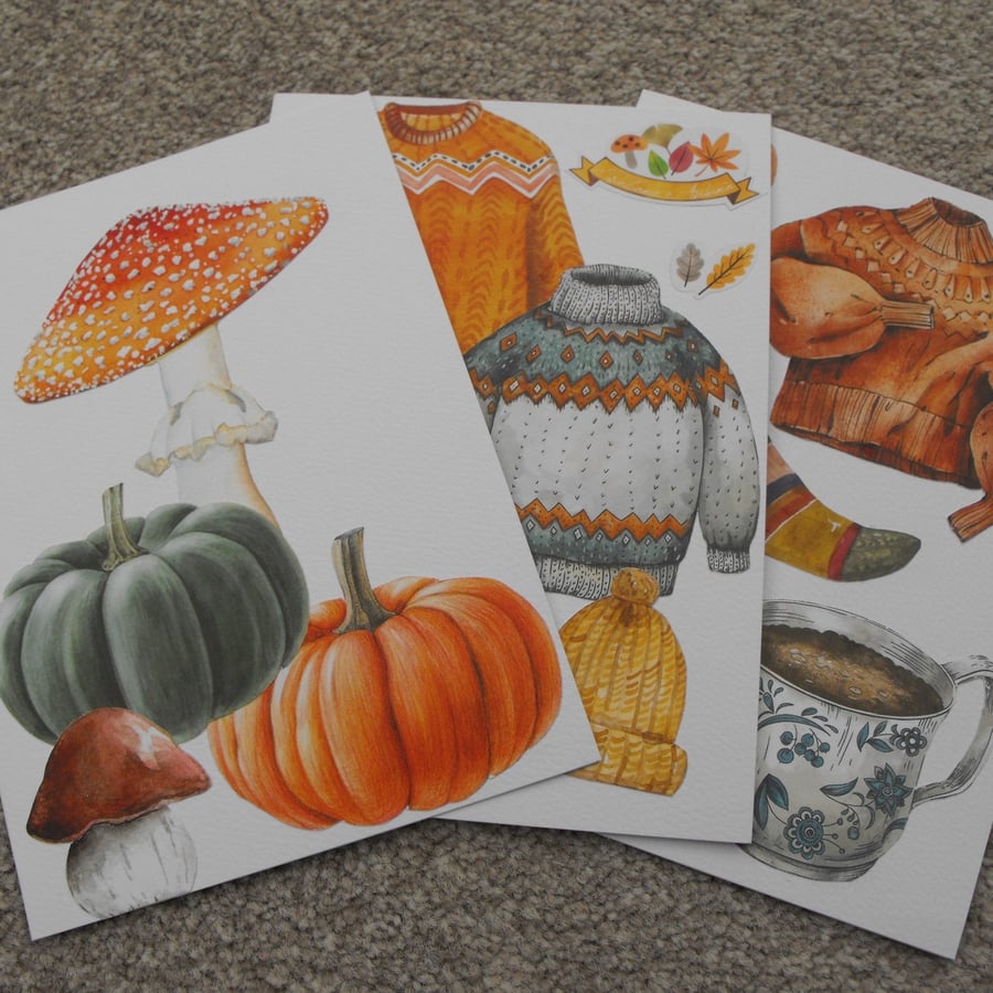 Pack of 3 autumn themed greeting cards, suitable for any occasion