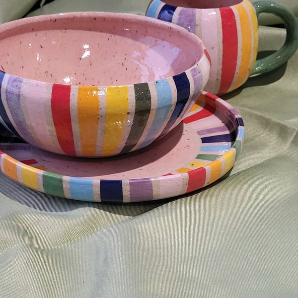 Rainbow mug, bowl and plate breakfast set handmade pottery
