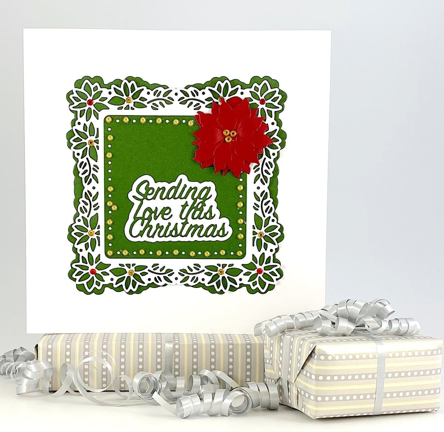 Handmade Christmas poinsettia card - large size, faux rubies, topaz, pearls 
