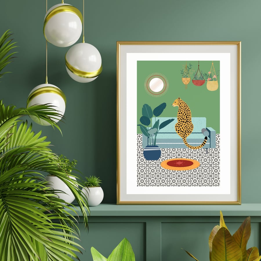 Cheetah On Sofa Print, Leopard Art, Bedroom Art Work, Nursery Print