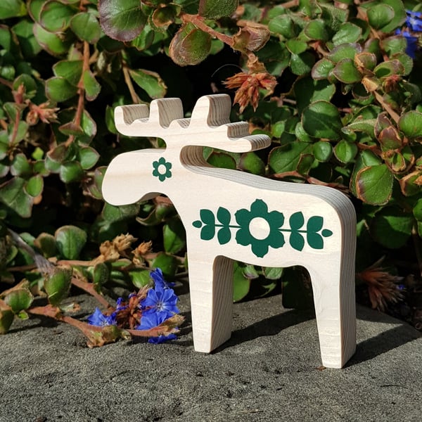 Green Scandi Dala Moose Flowerful Ornament Handmade Wooden Hygge Decor