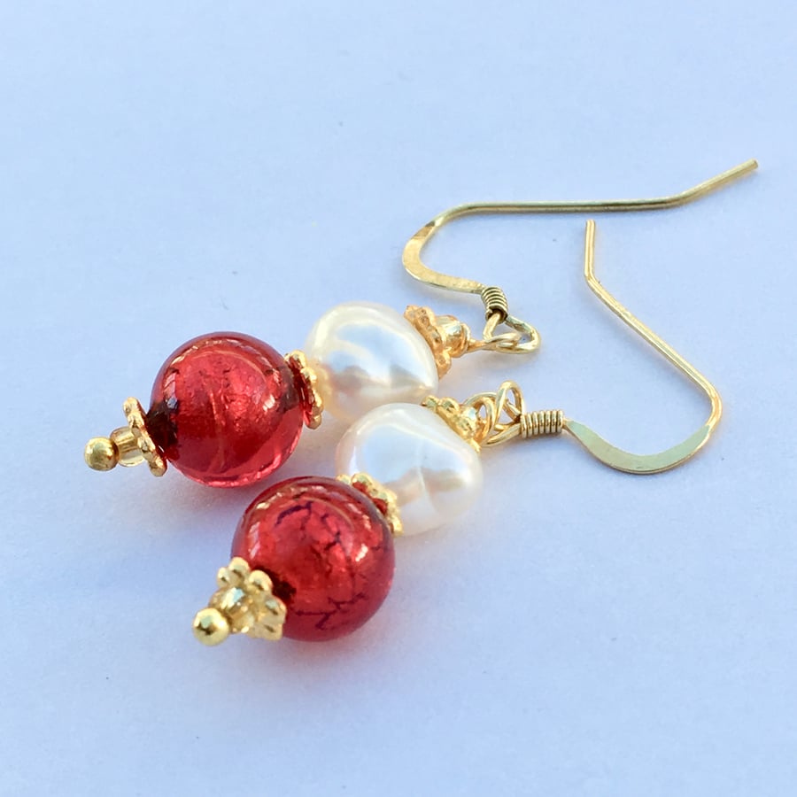 A Venetian Red Glass Quality Pearl, Gold Vermail Earrings Wedding Valentine