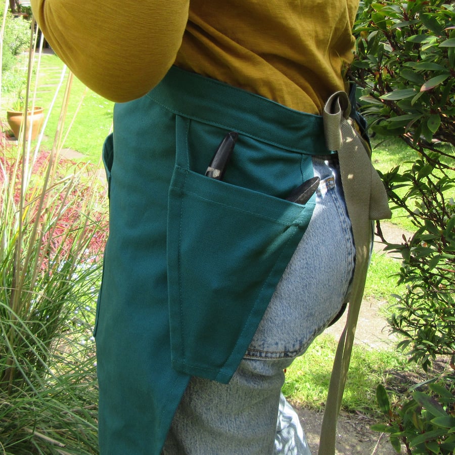 NEW! Gardening Apron with Pockets and Harvesting Skirt Pouch. Green-Blue Canvas