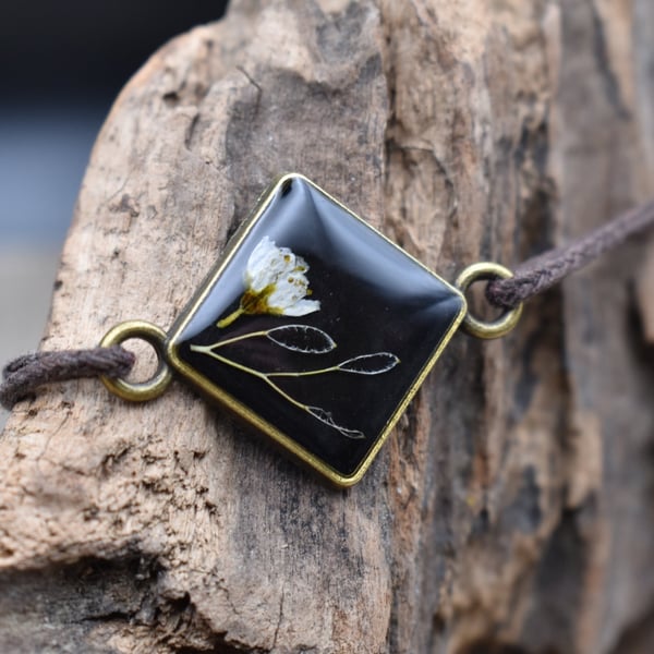 Adjustable Resin Bracelet with Real Pressed Flower Bud, Waxed Cotton Cord
