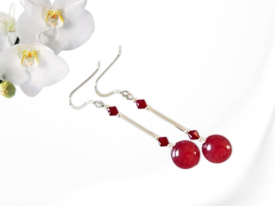 Long Dark Red Jade Beaded Earrings With Sterling Silver Tubes & Crystals