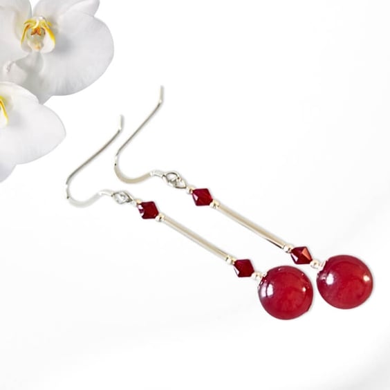Long Dark Red Jade Beaded Earrings With Sterling Silver Tubes & Crystals