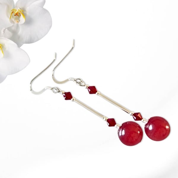 Long Dark Red Jade Beaded Earrings With Sterling Silver Tubes & Crystals