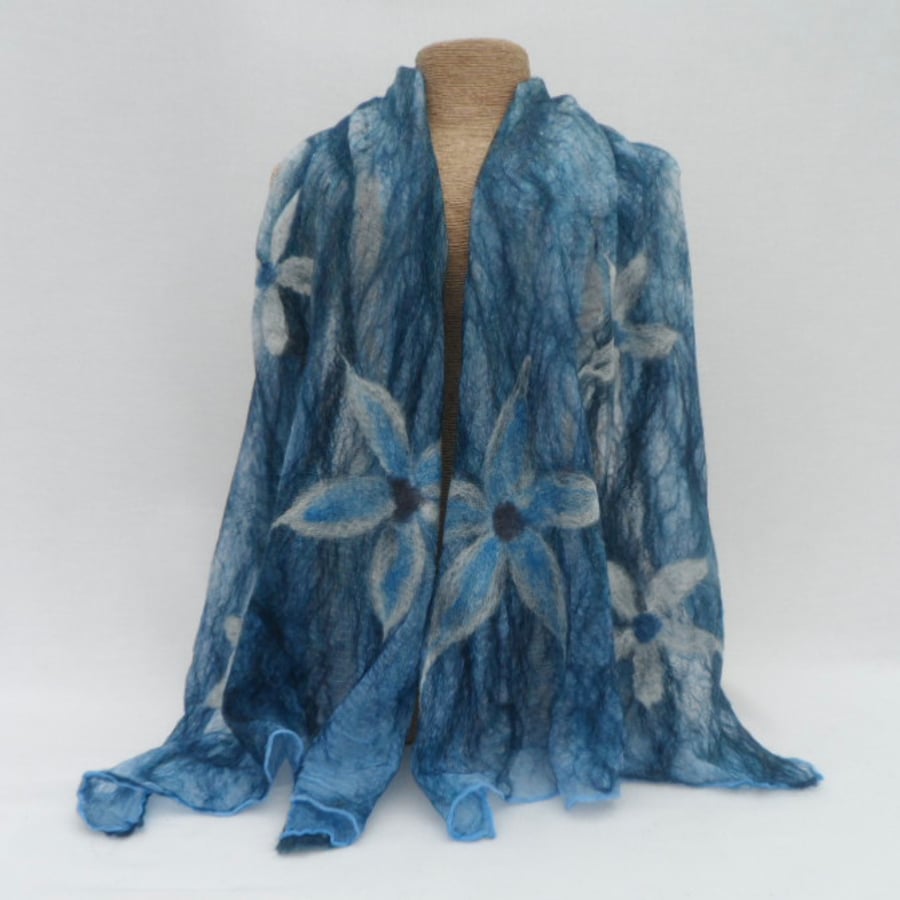 Nuno felted scarf, wool on silk, glitzy blue wi... - Folksy