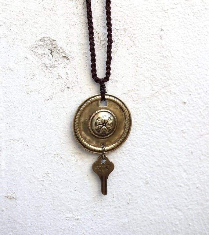 Antique brass pendant with engraved pattern and mini vintage brass key necklace
