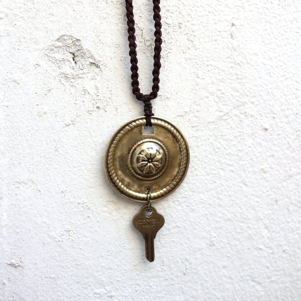 Antique brass pendant with engraved pattern and mini vintage brass key necklace