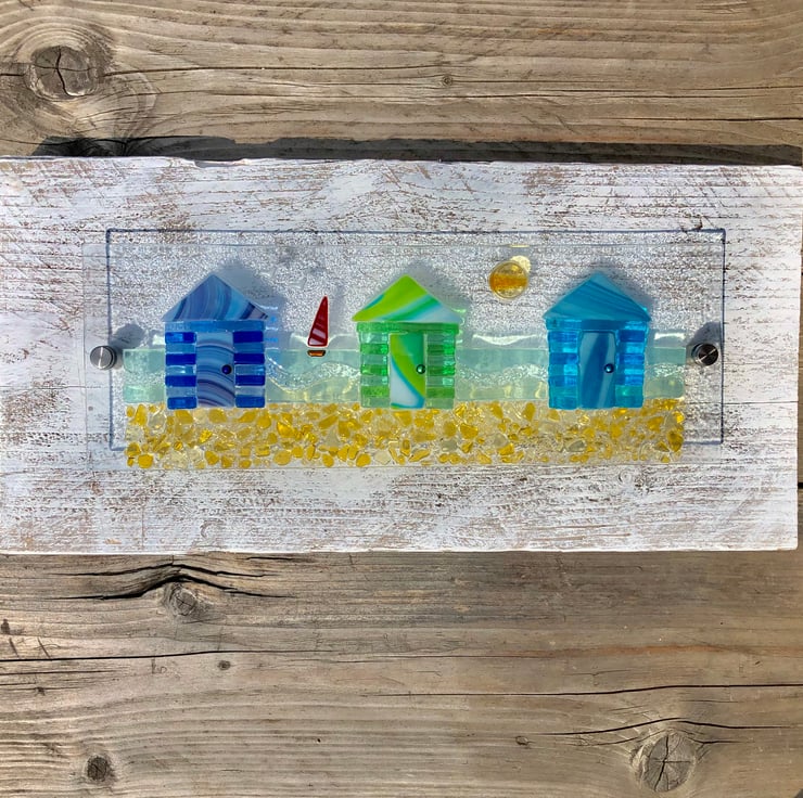 Fused Glass Beach Huts Picture Mounted on Rec... Folksy