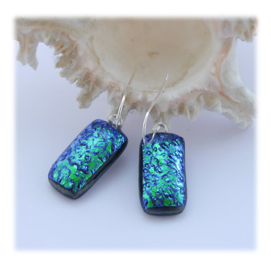 Handmade Fused Dichroic Glass Earrings 244 Emerald Sparkle
