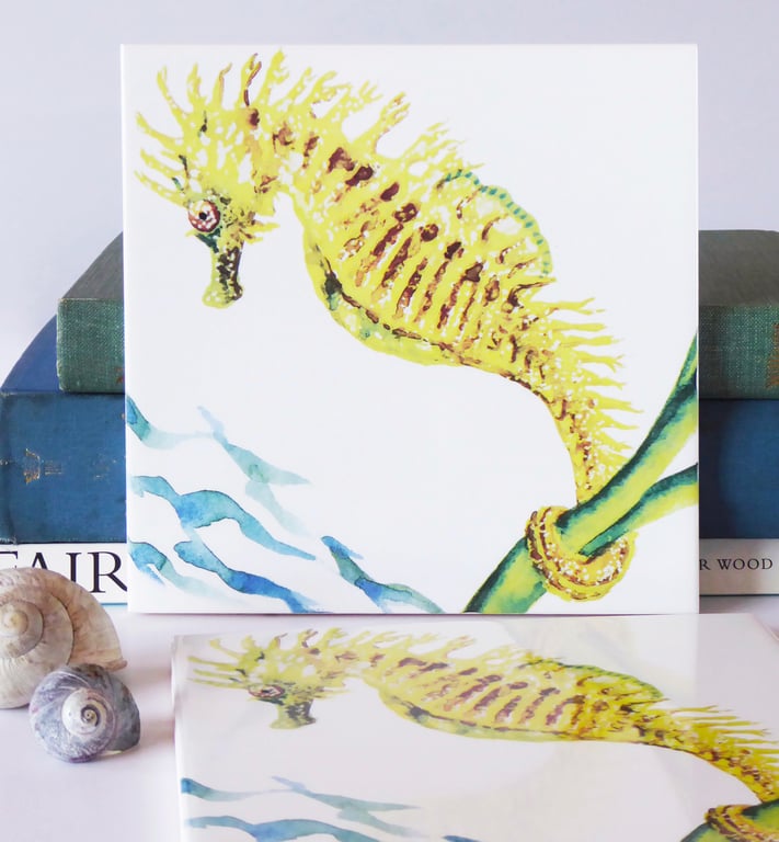 Spiny Seahorse Design Ceramic Tile Trivet with Cork Backing