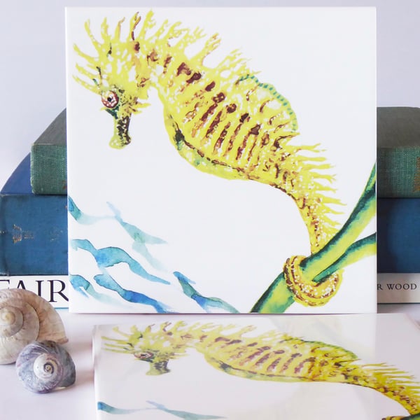 Spiny Seahorse Design Ceramic Tile Trivet with Cork Backing