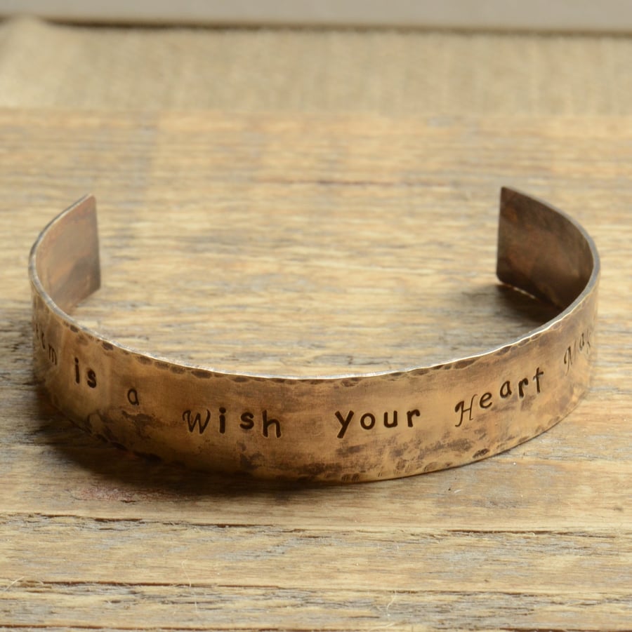 A Dream is a Wish Your Heart Makes Hand Stamped Brass Cuff Bracelet