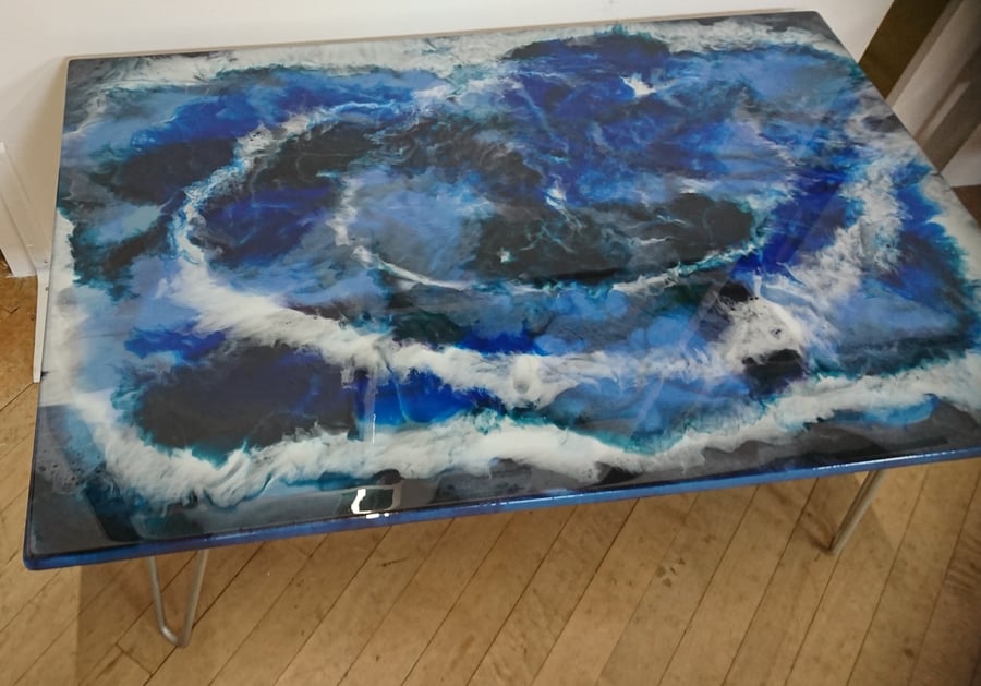 SALE Blue Resin Coffee Table 3 ft x 2 ft with 15" hairpin legs - COLLECTION ONLY