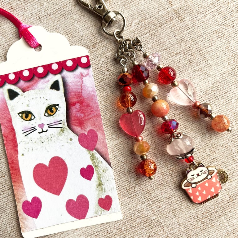 Cat bag charm, gift for cat lover, cat in a cup charm
