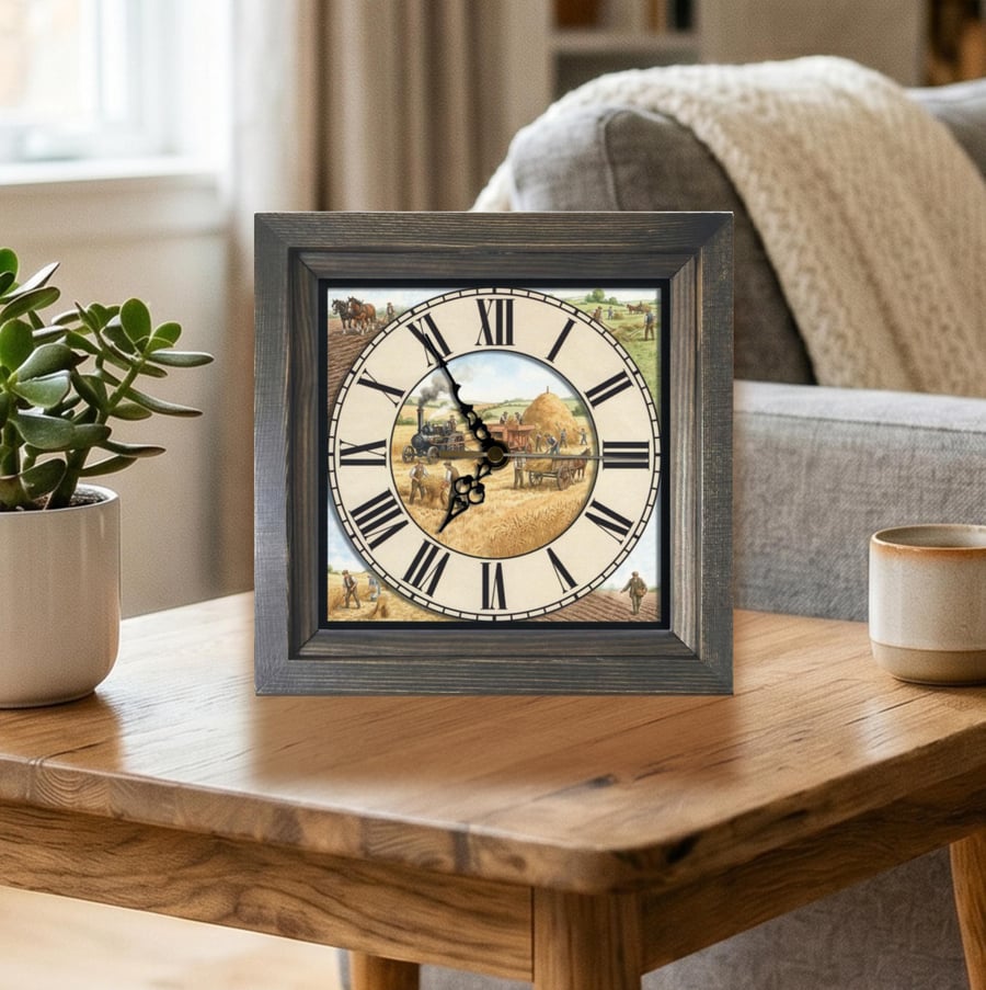 Vintage Style Steam Thresher Harvest Scene Wooden Wall Clock -Handmade 8x8"
