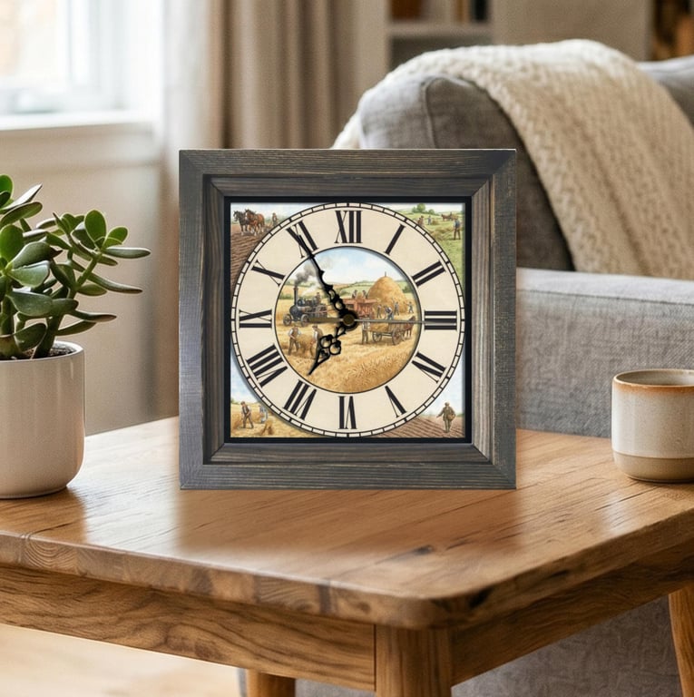 Vintage Style Steam Thresher Harvest Scene Wooden Wall Clock -Handmade 8x8"