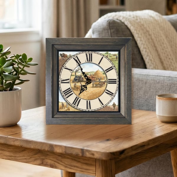 Vintage Style Steam Thresher Harvest Scene Wooden Wall Clock -Handmade 8x8"