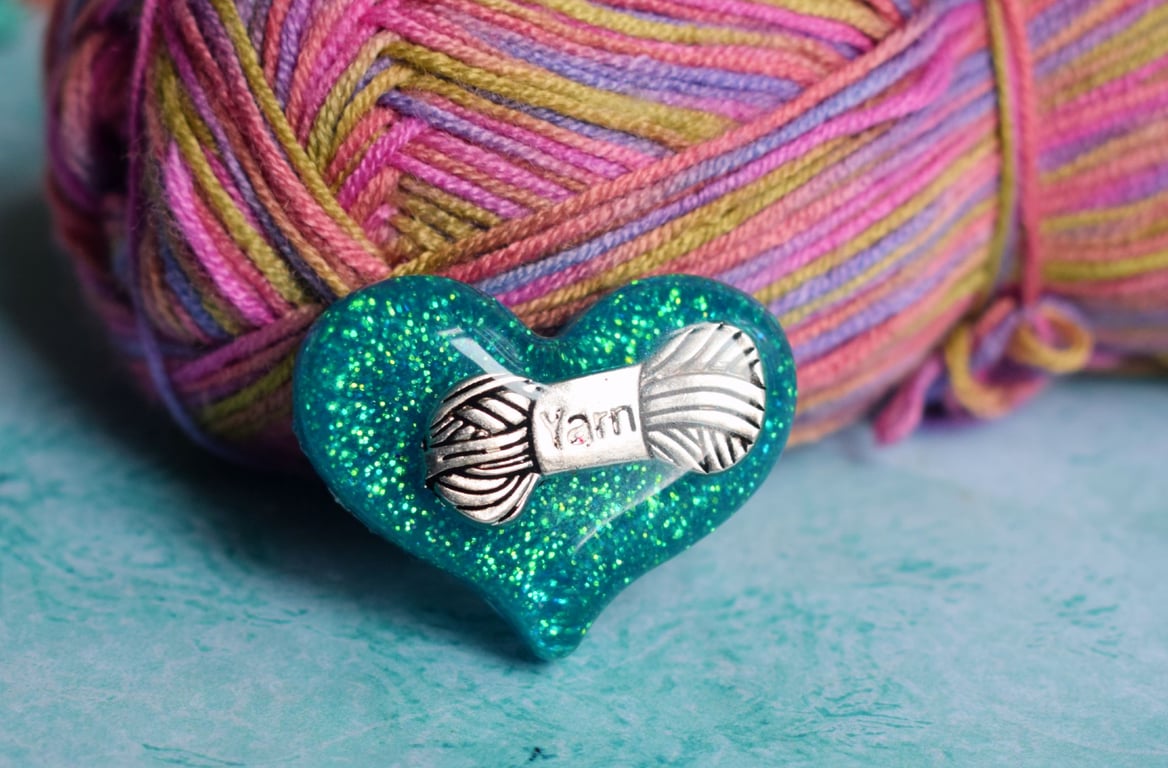 Blue Glitter Heart Yarn Brooch, Resin Yarn Lovers Gift