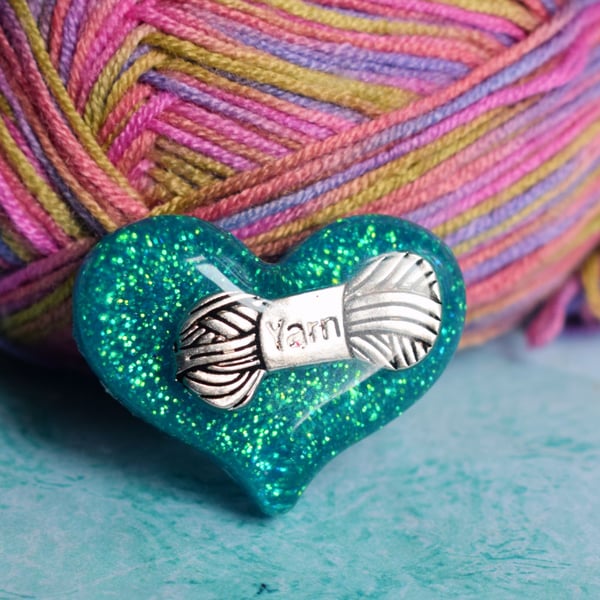 Blue Glitter Heart Yarn Brooch, Resin Yarn Lovers Gift