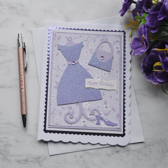 3D Luxury Handmade Card Happy Birthday Purple Glitter Dress Handbag Shoes