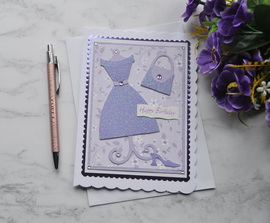 3D Luxury Handmade Card Happy Birthday Purple Glitter Dress Handbag Shoes