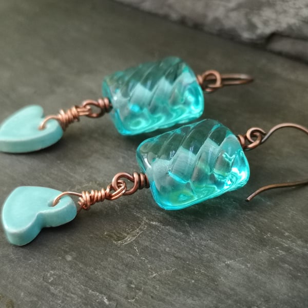 SALE Turquoise and copper glass bead and ceramic heart earrings