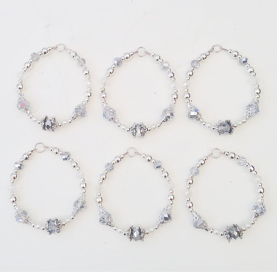 Set of 6 Bead Silver Hanging Decorations - UK Free Post