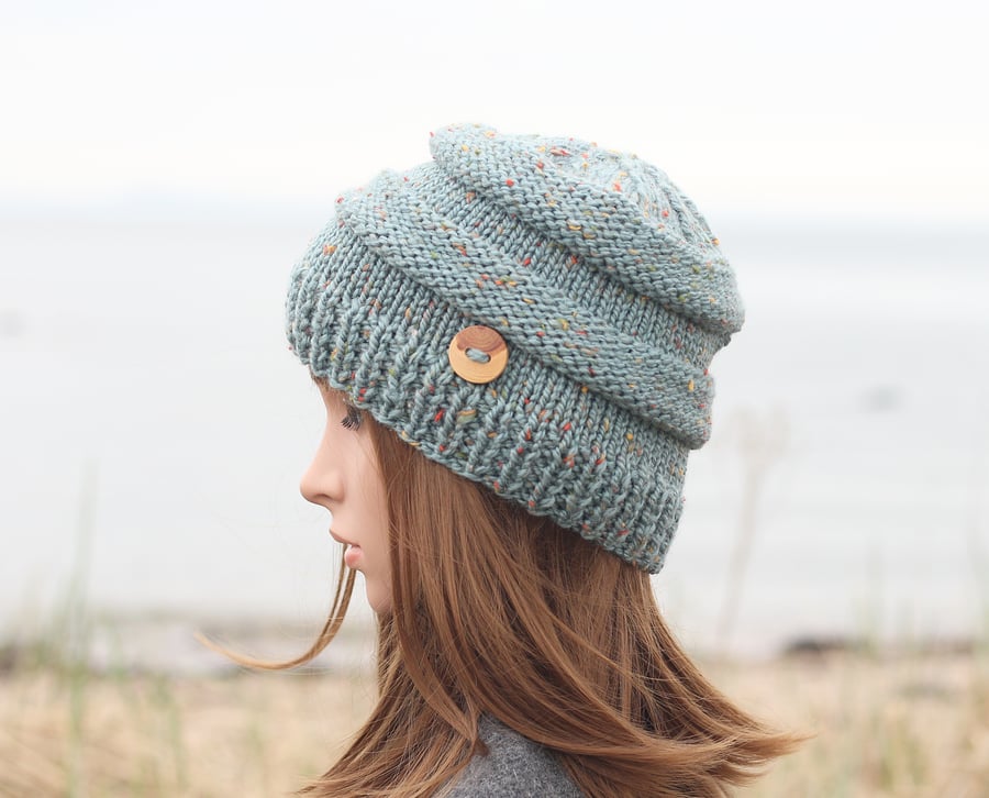 HAT knitted duck egg blue, winter hat, women's pastel beanie cap, gift, UK