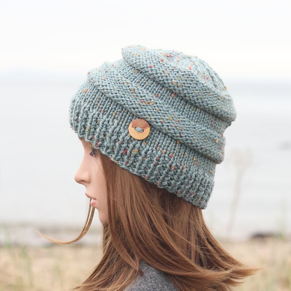 HAT knitted duck egg blue, winter hat, women's pastel beanie cap, gift, UK