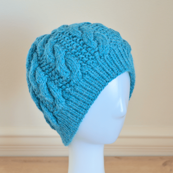 Knitted Cable Hat Oversized Beanie Alpaca Wool Mix Bright Turquoise