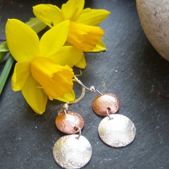 Circle earrings in sterling silver and copper