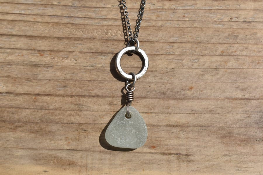 Sea Glass and Recycled Sterling Silver Necklace, White Scottish Sea Glass