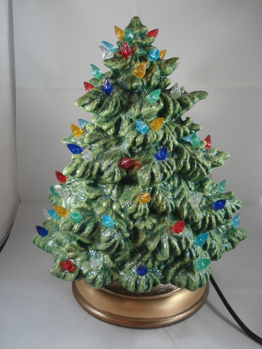 Green Glittery Ceramic Xmas Christmas Tree Table Lamp Light Ornament Decoration.