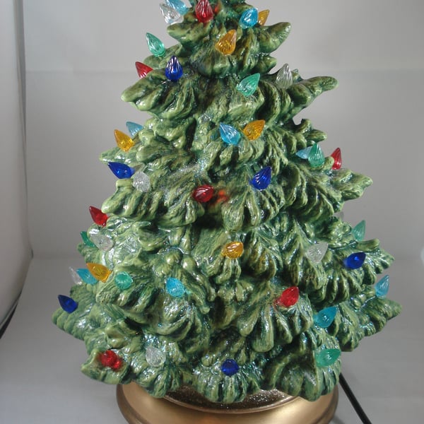 Green Glittery Ceramic Xmas Christmas Tree Table Lamp Light Ornament Decoration.
