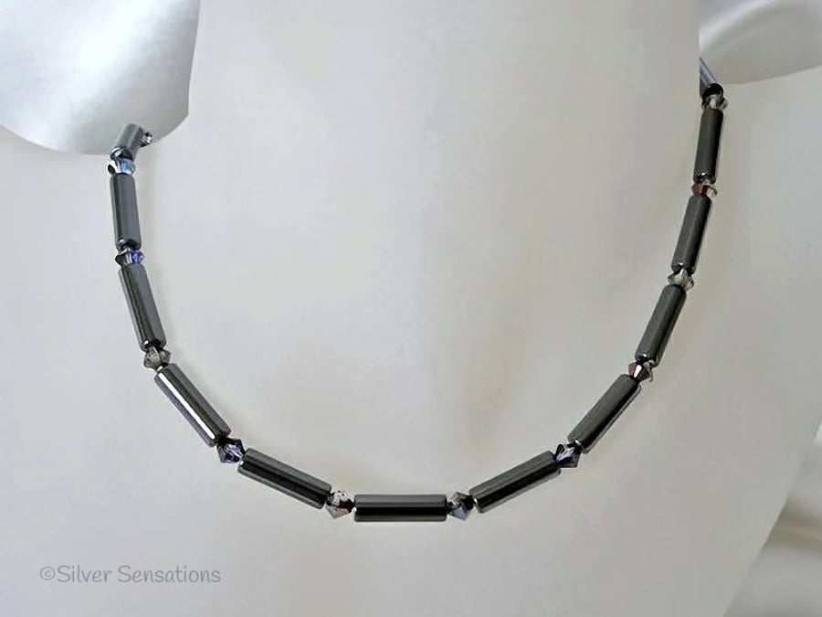Hematite Tubes & Sparkly Crystals Sterling Silver Slim Necklace